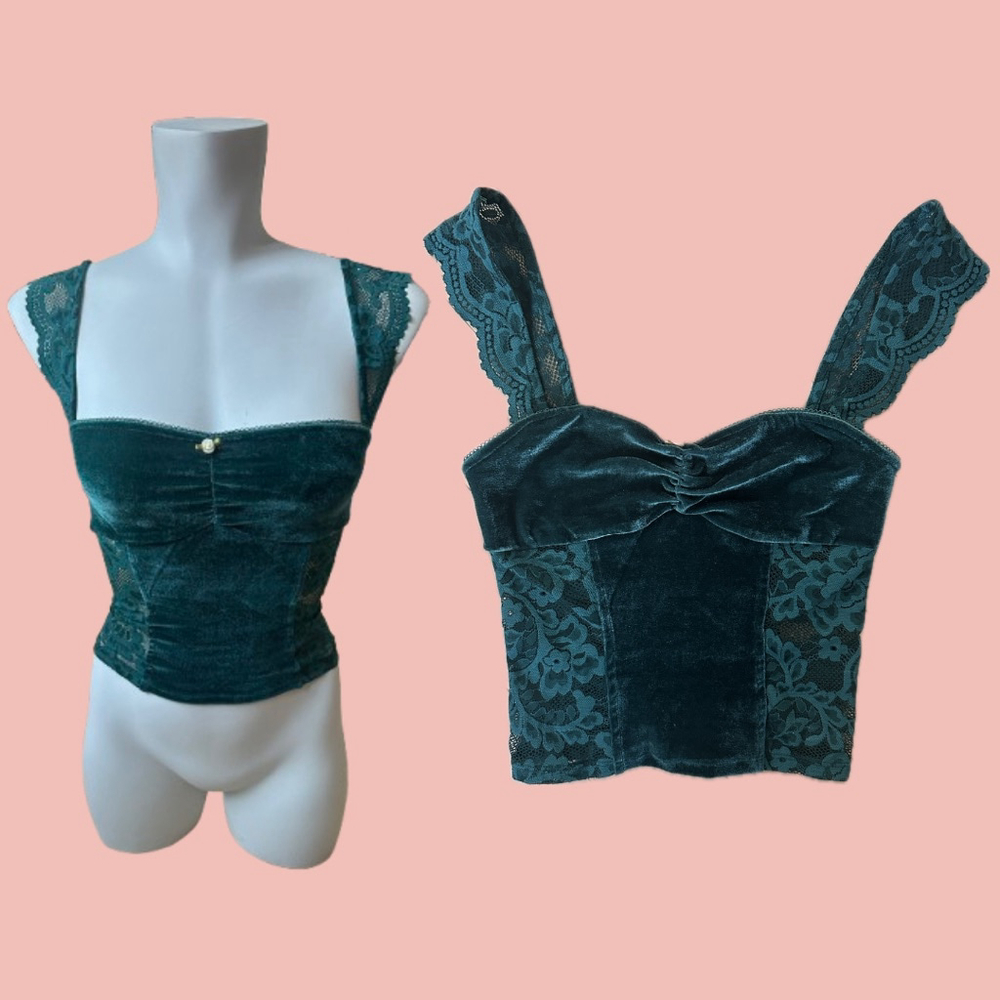 Kimchi Blue Velvet Lace Corset Top – Emerald Green Y2K Lingerie Style